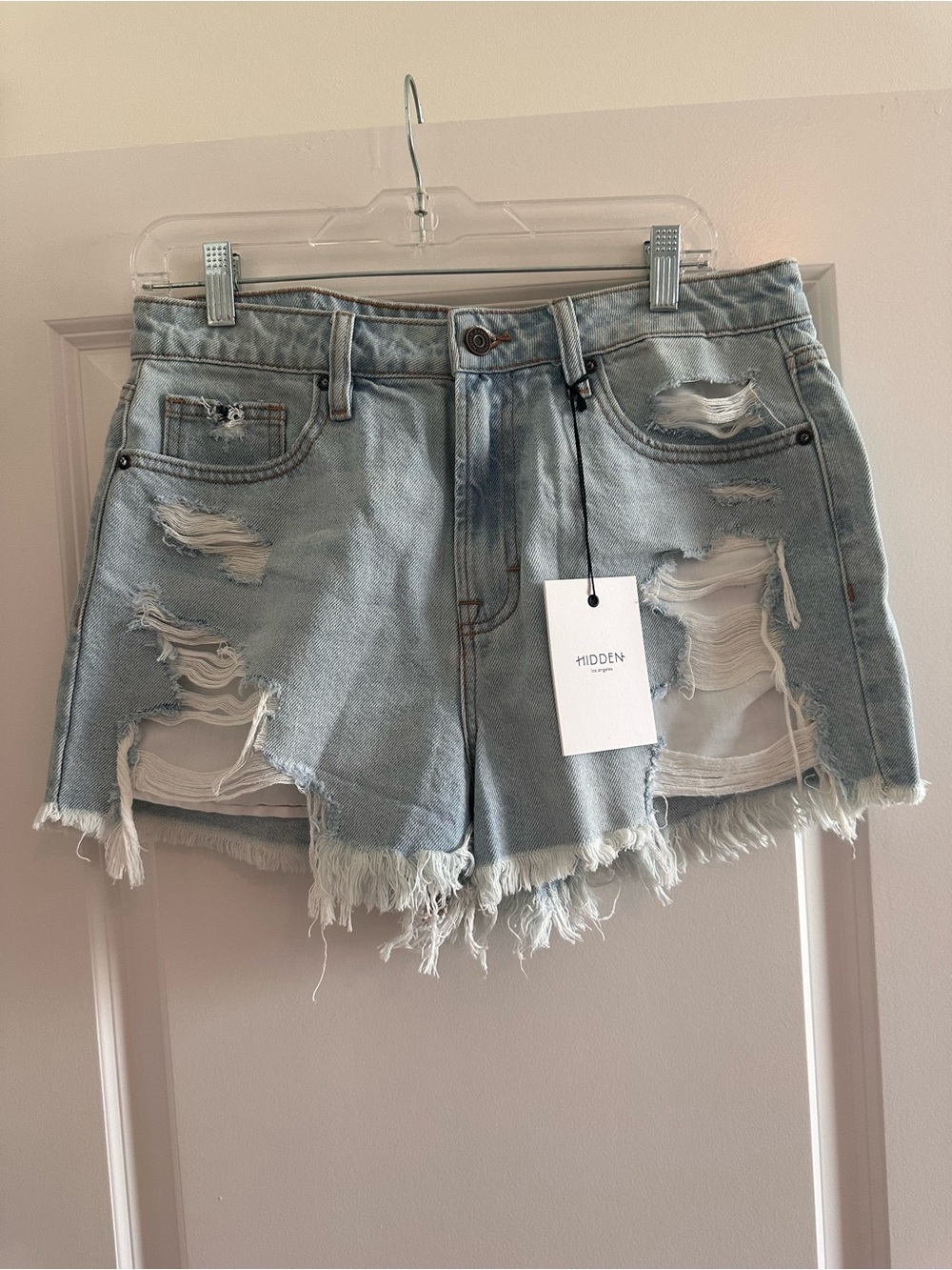 Hidden Los Angeles Finn Distressed Denim Shorts Light Wash High Rise Frayed Hem